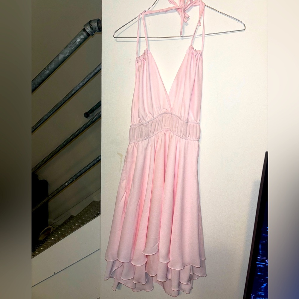 Baby pink tie up ruffle midi dress